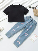 Young Girls' Casual And Cute Pink Heart & Bow Printed Fully Elasticated Waist Balloon Jeans